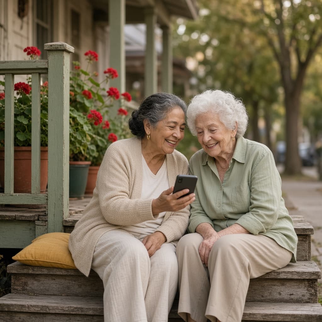 Two women in their 70s sit on porch steps, one showing the other something on her phone.